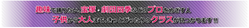趣味で踊りたい、宝塚、劇団四季などのプロをめざす人
子供から大人まで、きっとぴったりのクラスが見つかります!! 